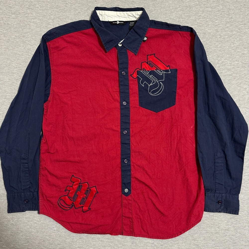 Makaveli Branded Red Navy Blue Colorblock Embroidered Button Shirt Mens Size XL